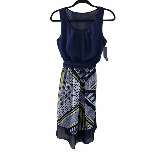 AB Studio Dresses & Skirts - NWT AB Studio Navy Blue Yellow White Belt Sleeveless Knee Length Dress Small
